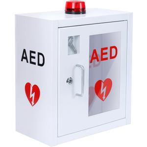 AED Cabinet, First Aid Defibrillator Wall Mounted Storage Cabinet Stainless Steel Snap Lock Fits All Brands Cardiac Science W/Alarm and Light 14 x 7.9 x 15.8 Inch
