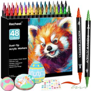 Recheel 48 Colors Acrylic Paint Markers, Dual Tip with Precision Fine Tip and Versatile Brush Tip Pens for Creative DIY, Crafting, Stone, Wood, Canvas, Glass, Metal, and More