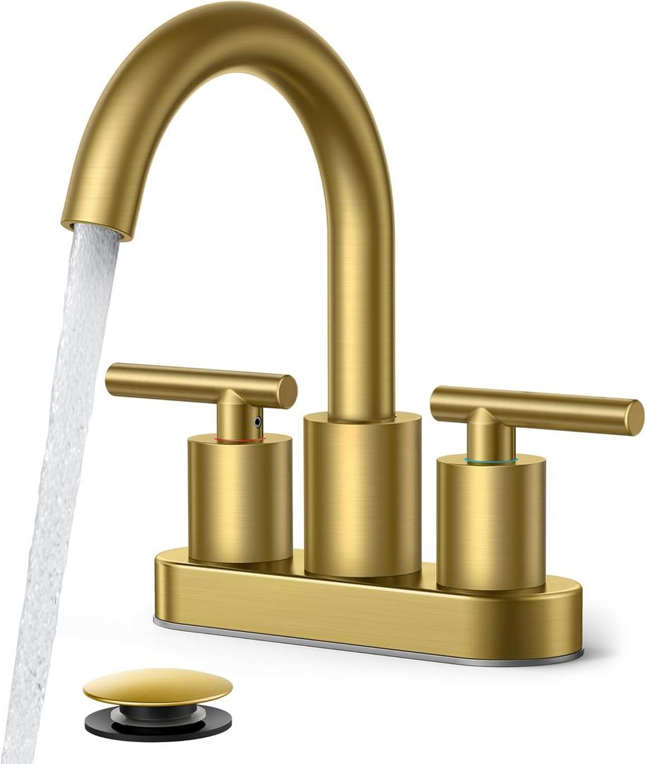 FORIOUS 4" Brushed Gold Bathroom Faucet Centerset 4 Inch, 2 Handle 2 Hole Gold Faucets for Bathroom Vanity wtih Metal Pop Up Dain, CUPC Supply Hose, High Arc Swivel Spout