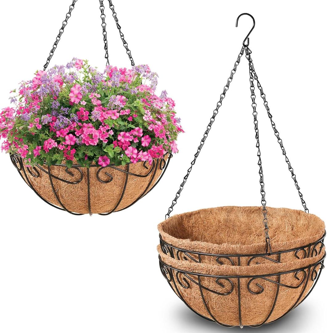 Legigo 3 Pack 10 Inch Metal Hanging Baskets for Plants Outdoor- Round Wire Hanging Planters Basket with Coconut Coir Liner, Hanging Flower Pot for Outdoor Plants Flowers Garden Decorations