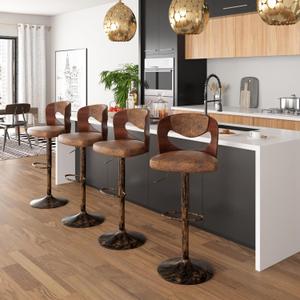 VECELO BarStools Set of 4,Kitchen Island Stools with Bentwood Back,Arm&Footrest,Counter Height Bar Chairs PU Leather Cushion Seat Adjustable Height 360Swivel,Island Chairs for Club Pub,Rustic Brown