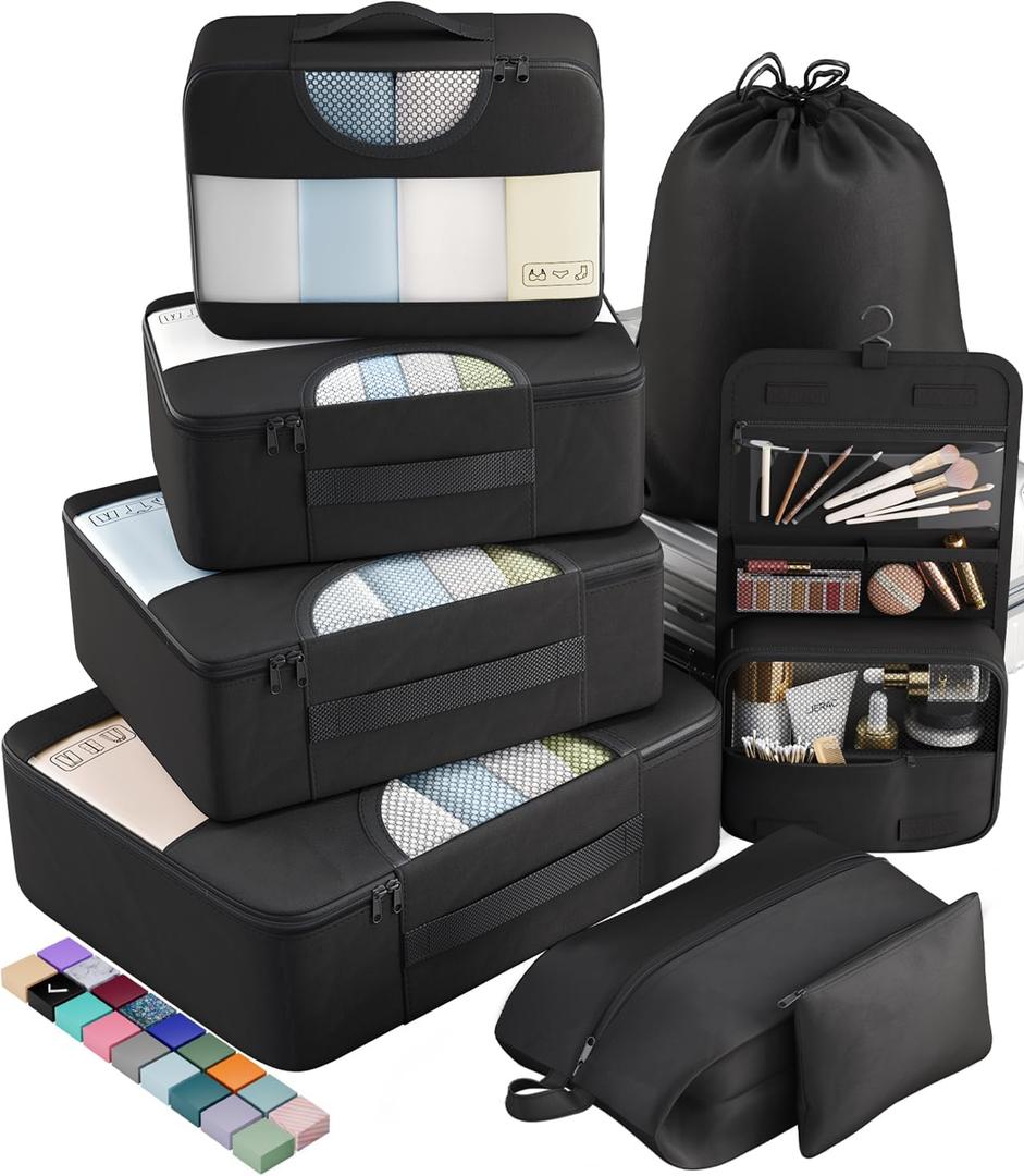 Veken 8 Set Packing Cubes for Travel Essentials, Suitcase Organizer Bags Set for Luggage, Road Trip Travel Accessories in 4 Sizes (Extra Large, Large, Medium, Small), Black