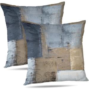 Grey and Brown Throw Pillows Covers Blue Abstract Art Painting Aesthetic Modern Square Decorative Pillow Covers Soft Throw Pillows for Couch Sofa Bedroom 18X18 Inches, Set of 2