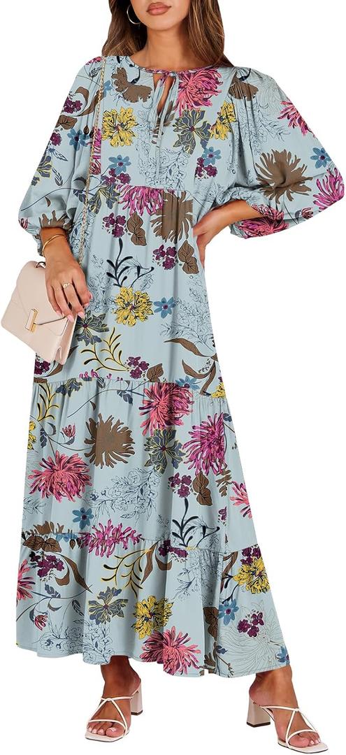 ANRABESS Womens Boho Maxi Dresses 2025 Summer V Neck Puff Sleeve Floral Flowy Swing Fall Casual Long Dress (Medium)