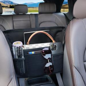 Black Car Handbag Holder Between Seats Suede Car Storage Large Capacity 7 Compartment Purse Phone Ipad Automotive Consoles Organizer Safe Barrier of Pet Kids
