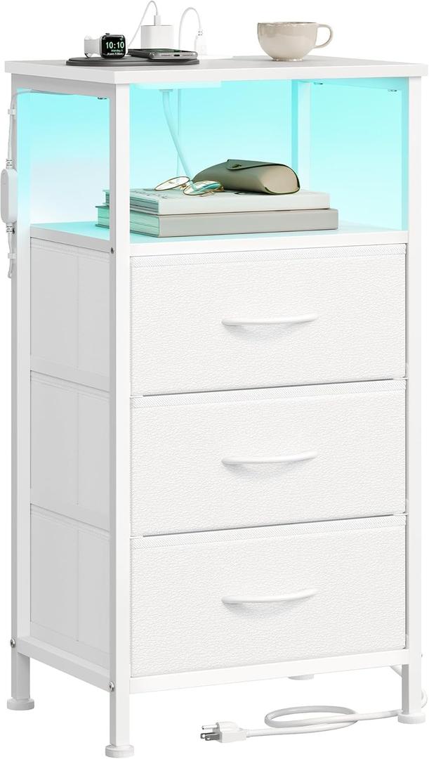 SONGMICS BELLAH Collection - Nightstand with Charging Station and App-Controlled Adjustable LED Lights, Bed Side Table, 3 Drawer and 1 Open Shelf, Bedroom, Cloud White and Snow White ULGS303WH01S