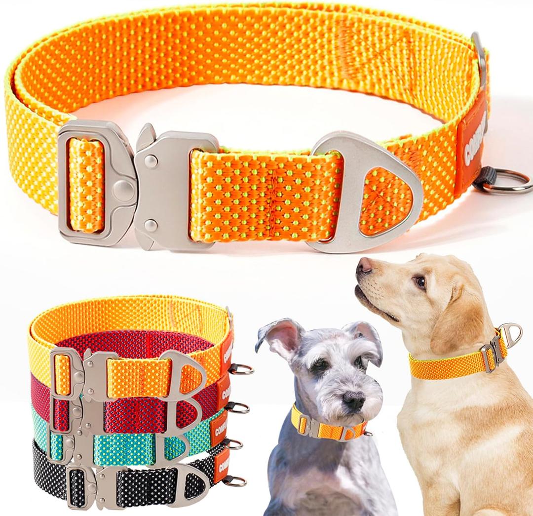 Comfluxe Heavy Duty Nylon Dog Collar with Metal Buckle | Quick Release Adjustable Dog Collar for Small Medium Large Dogs | Durable Outdoor Walking & Training Collars (Orange,10"-16.5")