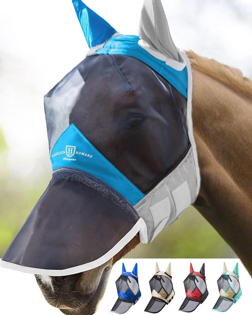 Harrison Howard Pro Luminous Horse Fly Mask Long Nose with Ears UV Protection for Horse Azure Blue/Silver Medium Cob