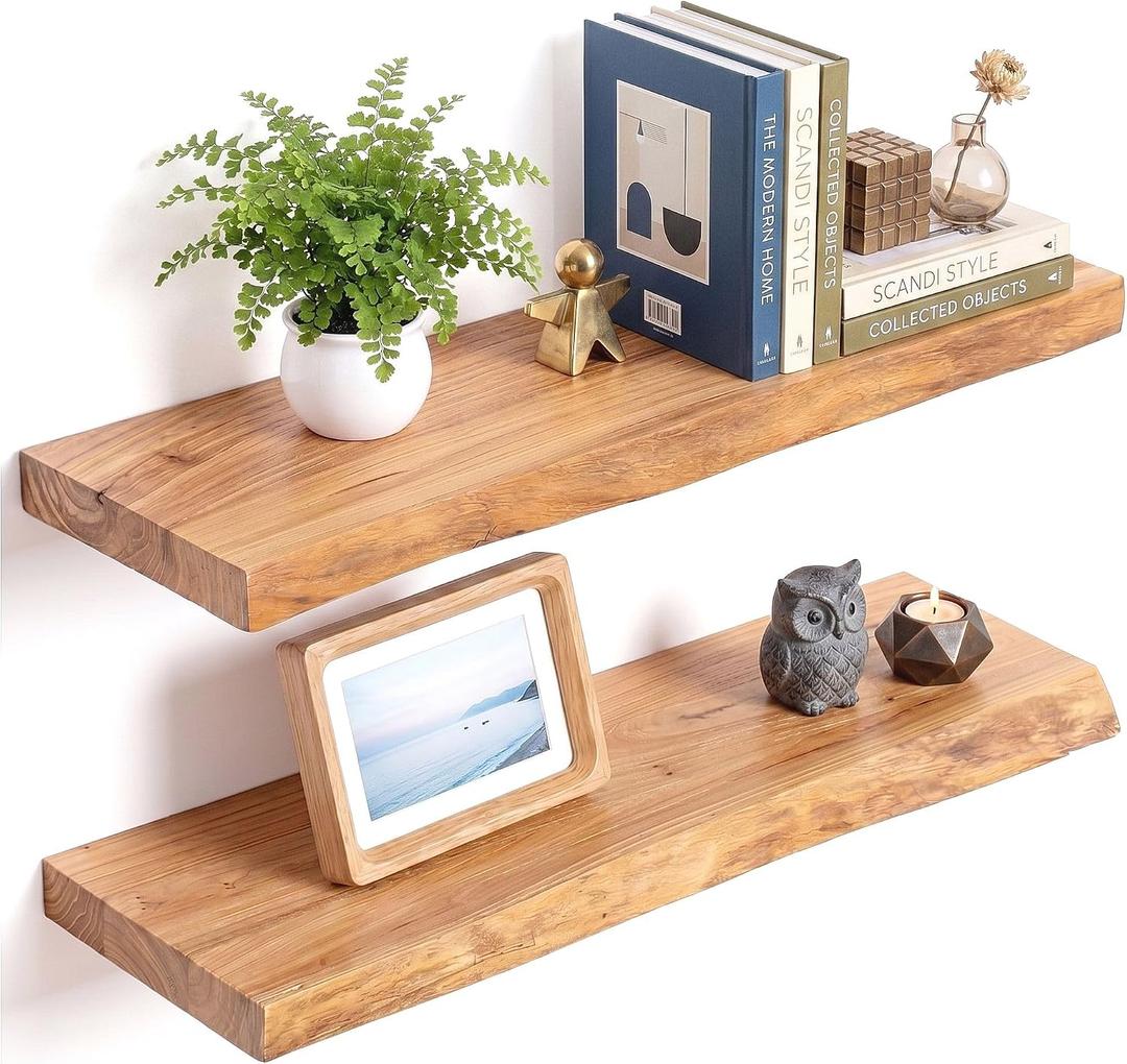 Acovy Extra Deep 24" Long Live Edge Rustic Floating Shelves for Wall, Solid Wood Wall Shelves with Invisible Bracket Mount for Living Room Bathroom Bedroom Kitchen, Set of 2, Natural, Live Edge, 24 inch, 2 Packs