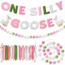 Oudain 2 Pcs 118 Inch Pre-strung Felt One Silly Goose Birthday Decor Boy Girl Fabric Letters Banner and Felt Ball Garland Wall Pink Decorations Reusable 3D Baby Shower Party Decorations