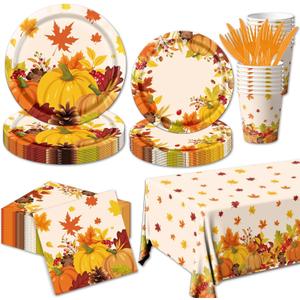 Fall Thanksgiving Plates and Napkins-141Pcs Fall Pumpkin Maple Leaves Theme Disposable Tableware for Autumn Thanksgiving Party Supplies
