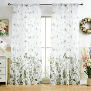 youleyar Floral Printed Curtains 63 Inches Long, 2 Panels Farmhouse Vintage Country Boho Design Curtain for Living Room, Floral and Butterfly Drapes for Bedroom, 52" W x 63" L
