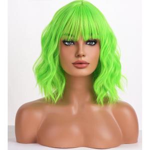 BERON Neon Green Wig for Women Short Curly Wig with Bangs Girls Bright Green Coloredl Wavy Hair Wigs 12'' Women's Synthetic Wigs Daily or Cosplay Use