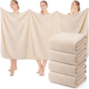 SmoothNovelty 4 Pcs Oversized Coral Fleece Bath Sheets 40 x 80 Inch, Lightweight Extra Large Towel Blanket, Soft Jumbo Bathroom Towels with Hanging Loop for Bath, Pool, Beach, Spa, Travel (Beige)