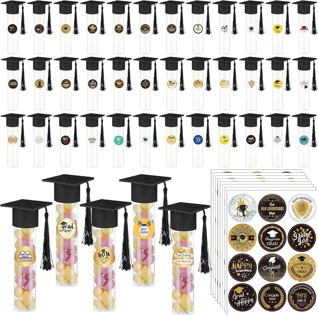 Draupnir 36Pcs Graduation Candy Tubes 2026 Graduation Candy Jars Grad Party Favors Plastic Candy Boxes with Stickers DIY Grad Table Party Favors