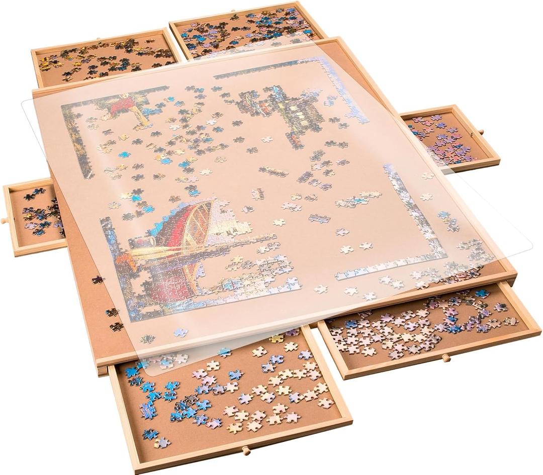 1500 Pieces Puzzle Board with 6 Storage Drawers and Protective Cover  Wooden Jigsaw Puzzle Table for Families, Home Entertainment, and Puzzle Assembly