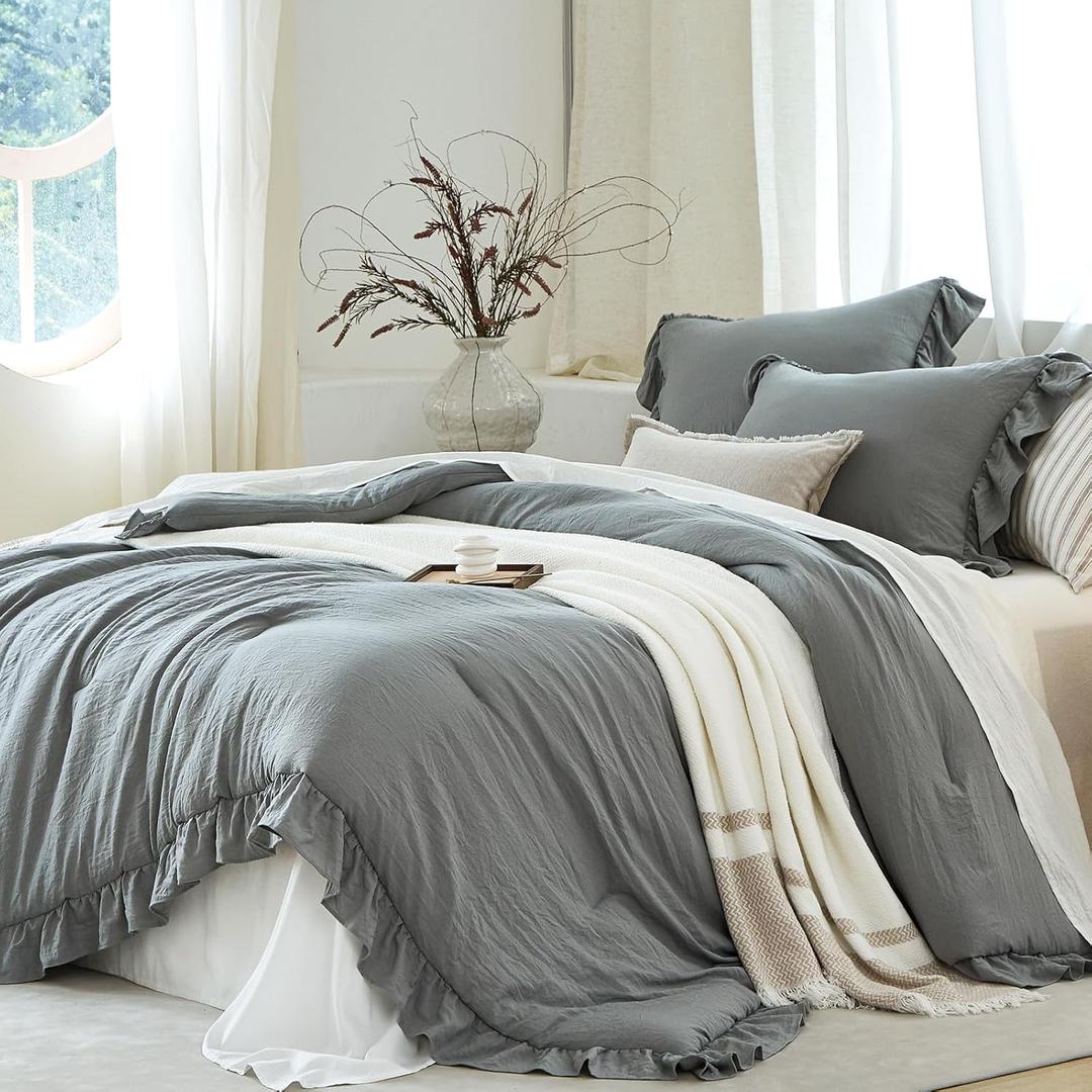 Grey Ruffle Comforter Set King, Pre-Washed Shabby Chic Bedding Set, Lightweight Cottagecore Soft Romantic Cozy 1 Comforter & 2 Shams, All-Season