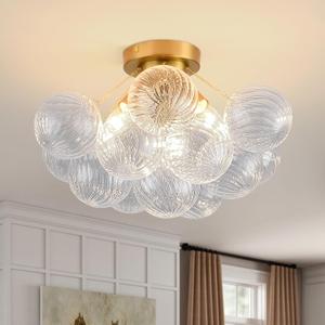 Bubble Chandelier Bubble Ceiling Light 17in Semi Flush Mount Chandelier Blown Glass Mid Century Close to Ceiling Light Fixture for Bedroom Hallway Entryway Kitchen Foryer Dining Room (Gold Swirled)