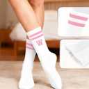 Pink And White-Striped Letter Socks, Sports Socks For Women, Pink Team socks, Friends And Family, Birthday Gift. (White)