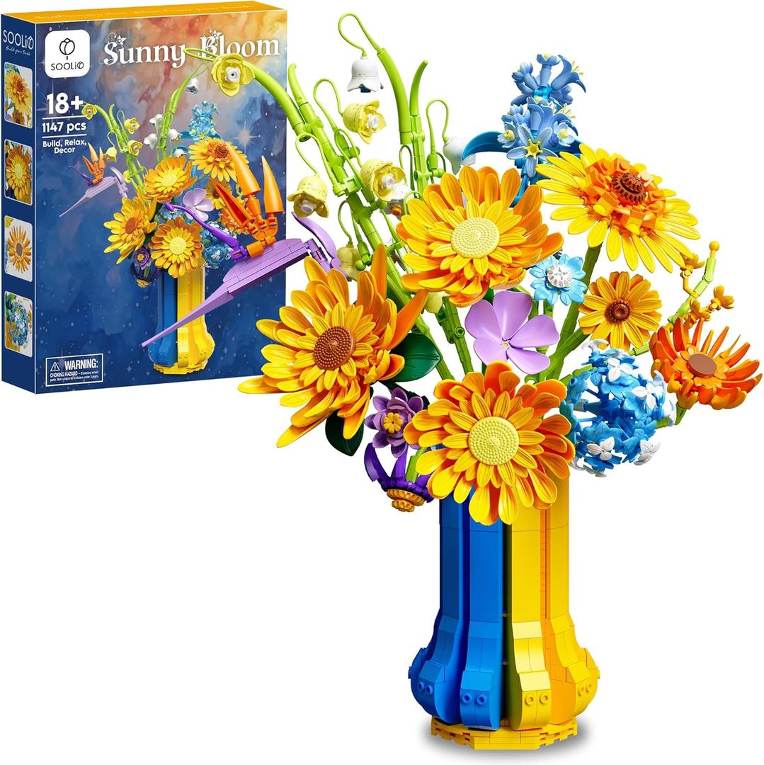 Sunflower Bouquet Building Set with Vase, Gift for Mom Wife Women Girlfriends Adults Couple Teens, Artificial Botanical The Starry Night Flower for Home Office Dcor (1147 PCS) (Yellow and Blue)