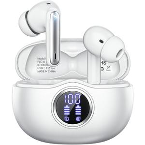 Wireless Earbuds, Bluetooth 5.3 Headphones HiFi Stereo 50H Playback LED Digital Display Ear Buds with ENC Noise Canceling Headset, IPX7 Waterproof Earphones for Gym/Running/Work (White)