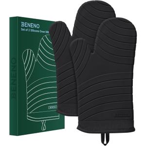 Beneno BPA-Free Silicone Oven Mitt 2-Pack Set, Heat Resistant 500F Oven Mitts with Non-Slip Grip, Soft Thicker Lining, 7"x13", Black