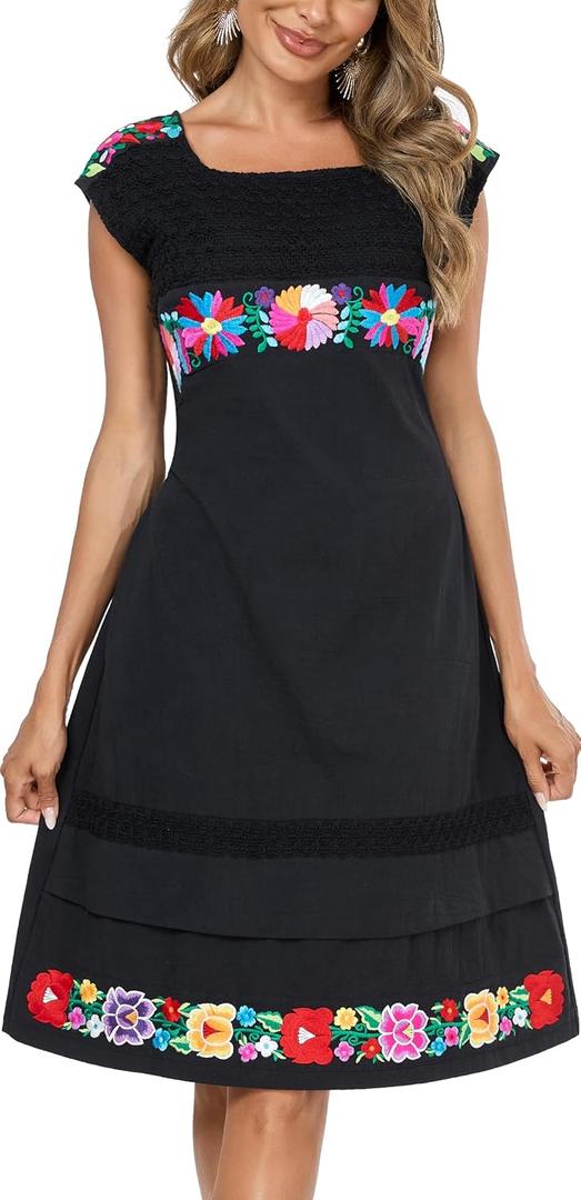 YZXDORWJ Women Mexican Embroidered Dress Short Sleeve (Small, 491bk)