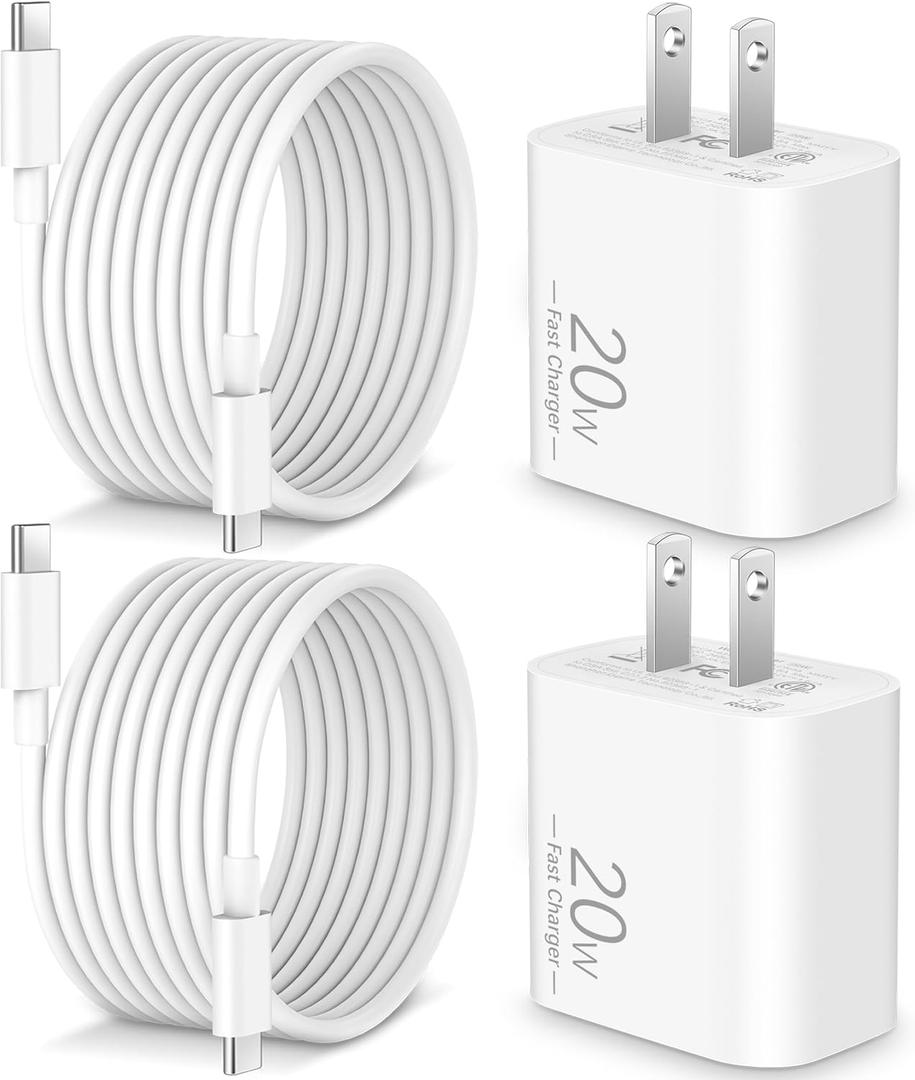 [2025 Upgraded] iPhone 16e Charger Fast Charging, 2-Pack 20W USB C Wall Charger Block with 10FT Long USB C Charge Cord Cable for iPhone 16/16 Pro Max/16 Plus/16 Pro/16e/15/15 Pro/15 Pro Max, iPad (White)