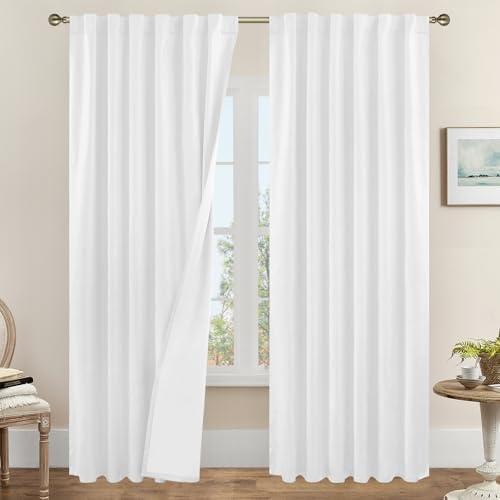 LAMIT White 100% Blackout Linen Curtains, 84 Inches Linen Textured Living Room Farmhouse Curtains Full Room Darkening Back Tab and Rod Pocket Burlap Panels with White Liner, 2 Panels, 52 x 84 Inch