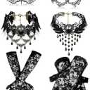 Newcotte 6 Pcs Masquerade Mask for Women Lace Mask Choker Necklace Glove for Valentine Party Couple Masquerade Ball 80s 90s
