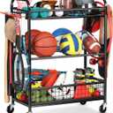 Ball Storage Sports Equipment Organizer - Garage Storage Cart Rolling Ball Storage Rack with Hooks Wheels Outdoor Indoor Gym Gear Toy Holder Bin for Basketball, Baseball, Soccer