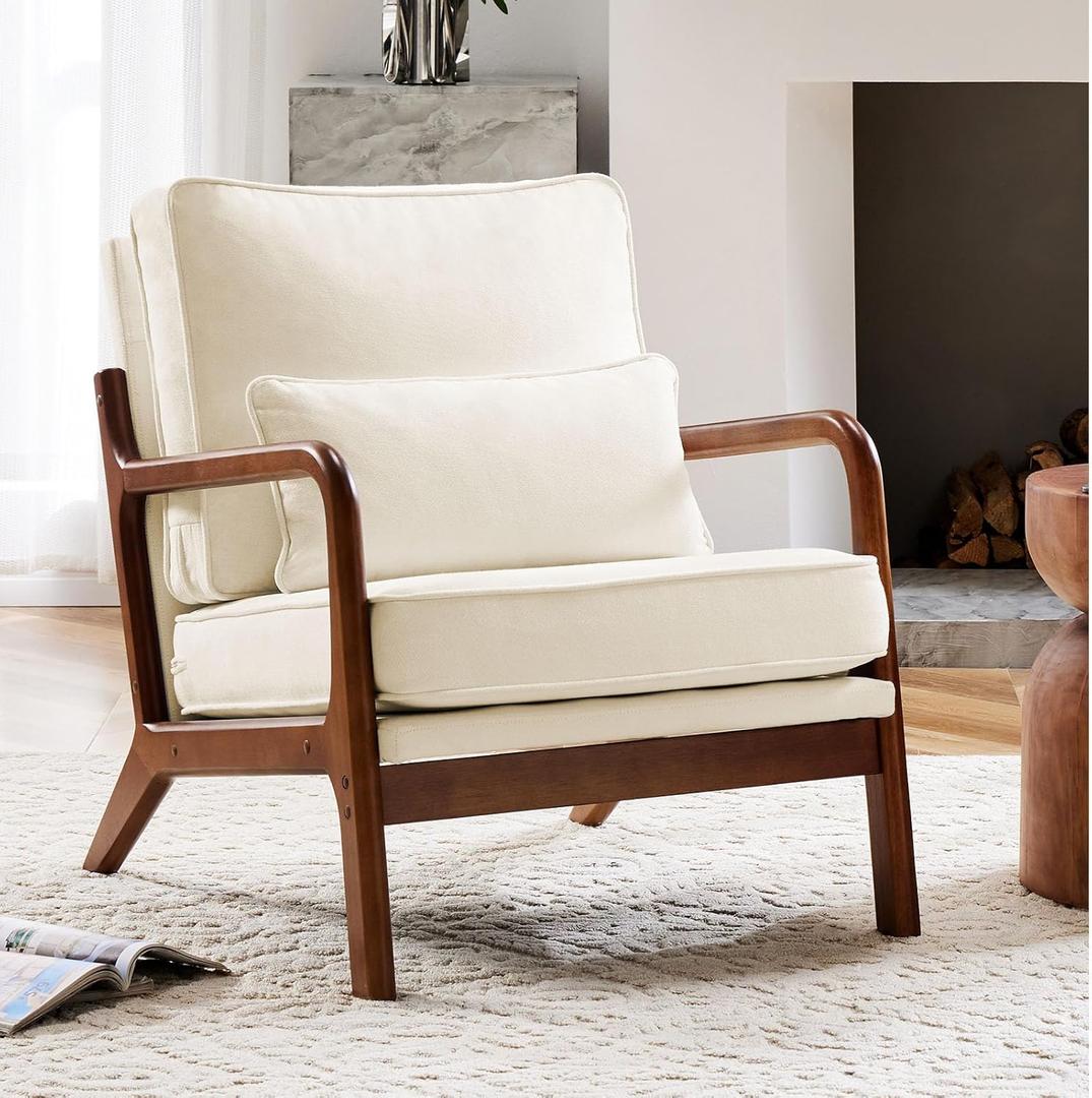 Sweetcrispy Accent Mid Century Modern Chairs with Pillow Set of 2, Upholstered Lounge Armchair, Linen Fabric Comfy Reading Chair with Wood Frame for Living Room, Bedroom, Beige