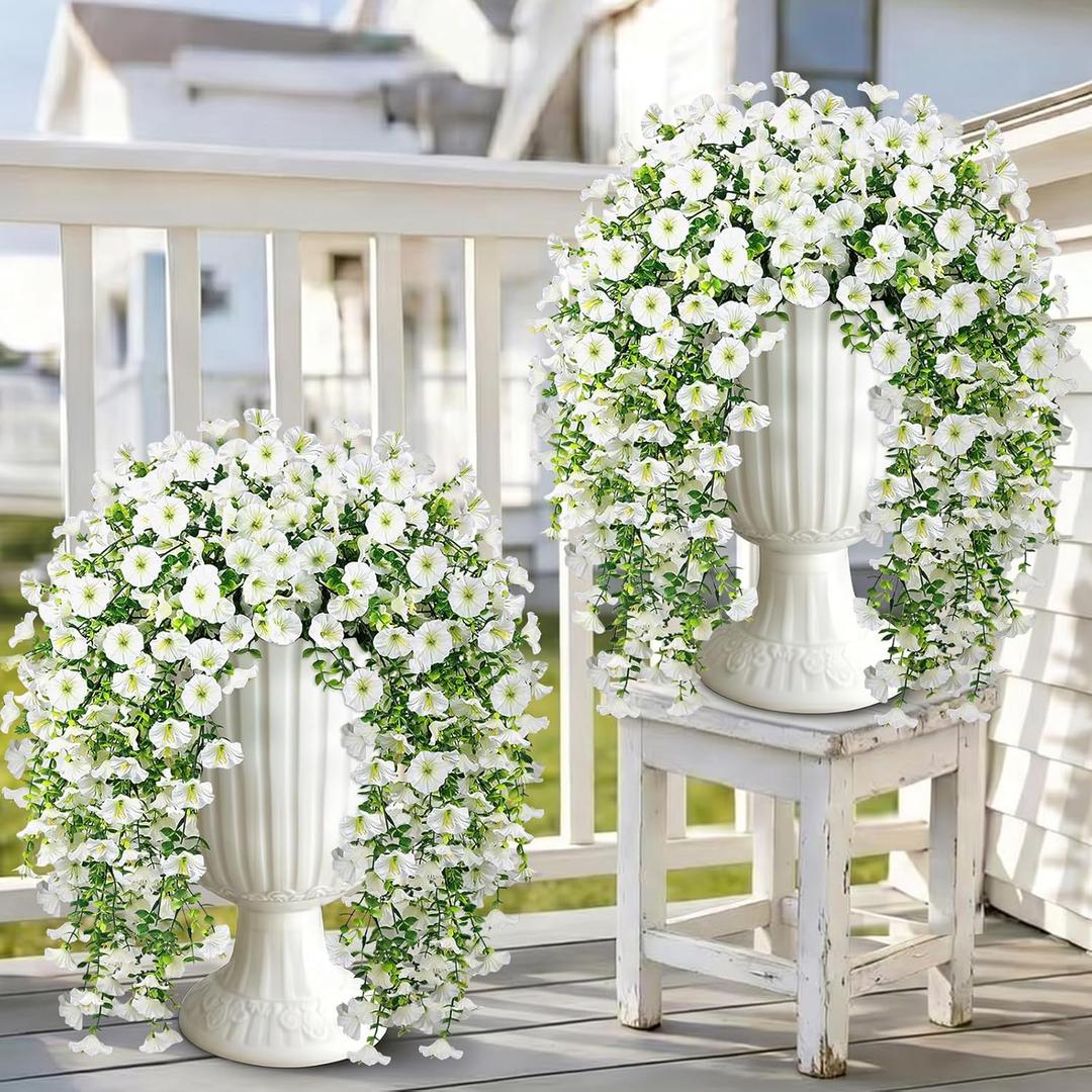 Artificial Hanging Flowers for Outdoors, 4 PCS 600 Blooms UV Resistant Morning Glory Faux Silk Vines, No-Odor Realistic Fake Plants for Garden Planter Porch Patio Decoration, White