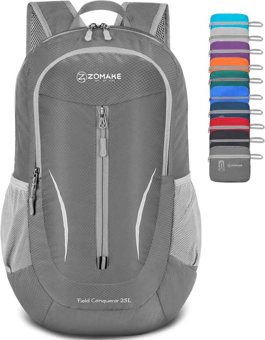 ZOMAKE Ultra Lightweight Packable Backpack 25L, Foldable Hiking Backpacks Water Resistant Small Folding Daypack for Travel(Dusty grey)