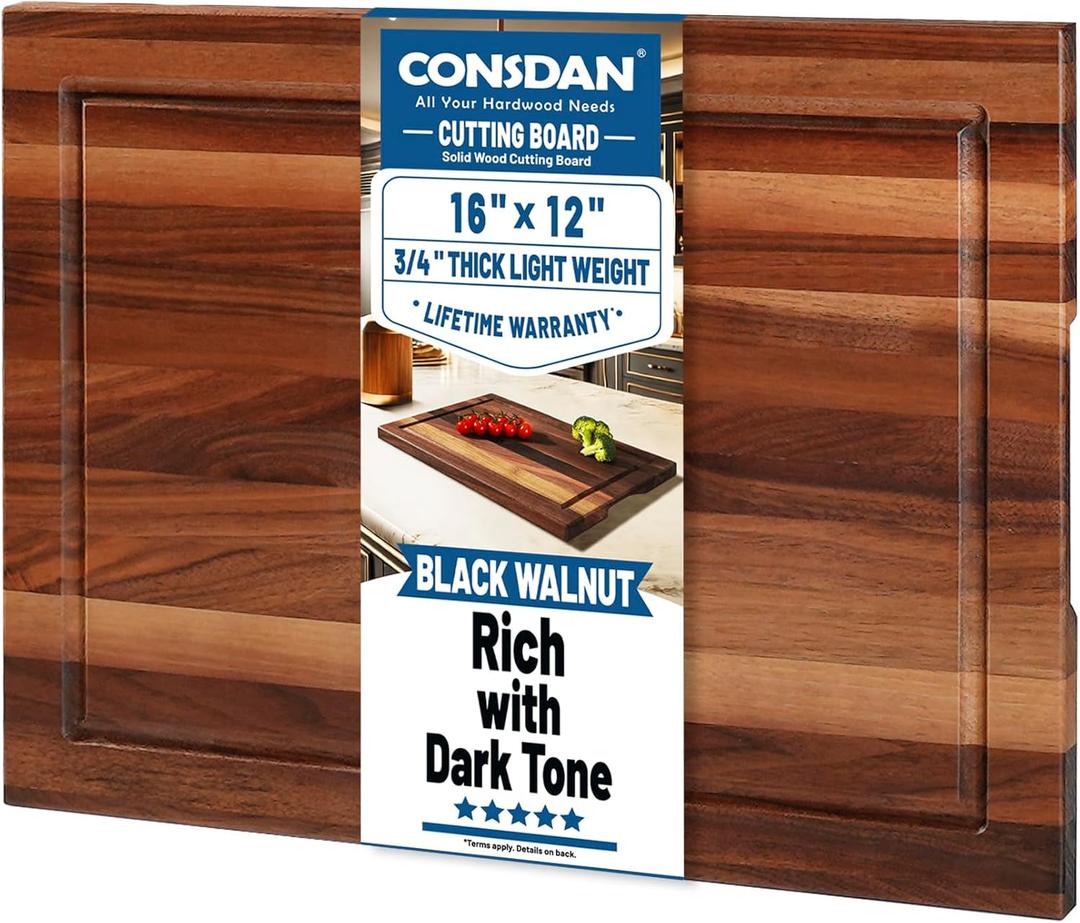 CONSDAN Wood Cutting Board for Kitchen, 16 x 12, USA Grown Solid Black Walnut Hardwood, Edge Grain, Chopping Board, Butcher Block with Juice Groove, Prefinished with Food-Safe Oil, 3/4" Thick