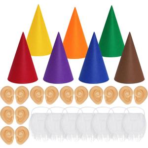 Bantoye 21 Packs Halloween Gnome Hat Set 7 Pcs Felt Dwarf Hats 7 Pcs White Fake Beards 7 Pairs Elf Ears for Christmas Cosplay