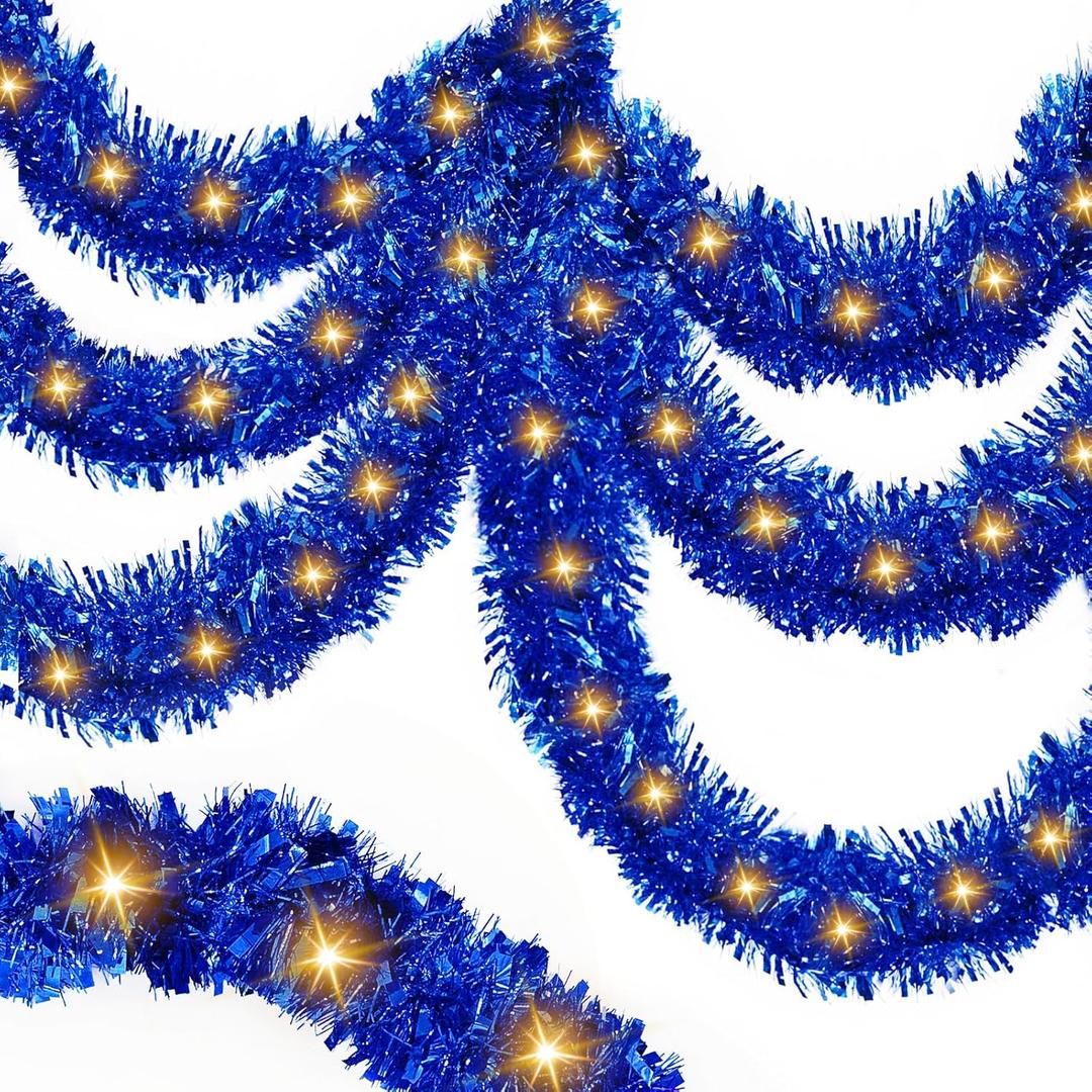 Prelit 100Light - 33 Ft Blue Tinsel Garland Hanukkah Decorations Thick and Thin Shiny Metallic Twist Christmas Garland with Lights Streamers for Chanukah Xmas Tree Home Decor Party Holiday Supplies