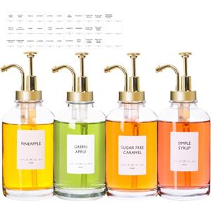 BIGIVACA Coffee Syrup Dispenser 16.9 oz 500 ml - 4 Pack Glass Bottles with Gold Pumps and Labels for Cafe or Home Bar, Kitchen