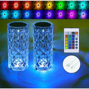 Crystal Table Lamp,RGB Rose Diamond Touch Lamps (2PACK) Color Changing Night Light for Bedroom/Living Room/Party Dinner Decor Creative Lights Housewarming (Remote & Touch