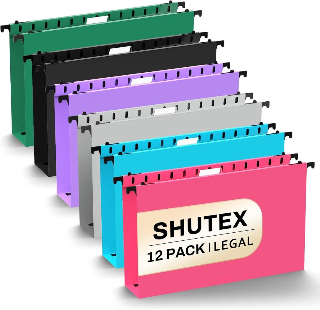 SHUTEX Extra Capacity Legal Size Plastic Hanging File Folders,12 Pack Reinforced Legal Size Hanging Folder with Heavy Duty 2 Inch Expansion,for Bulky Files, Medical Charts,Assorted Colors