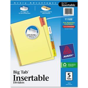 Avery(R) Worksaver(R) Insertable Big Tab Recycled Dividers, Gold Reinforced, 5-Tab, Buff Paper, Multicolor
