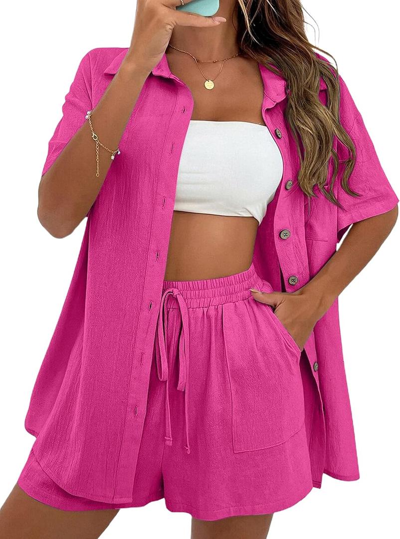 APAFES Women Summer Cotton Linen Short Sets 2 Piece Shorts Top Lounge Beach Vacation Two Piece Outfits Tracksuits (Small, Rosered)