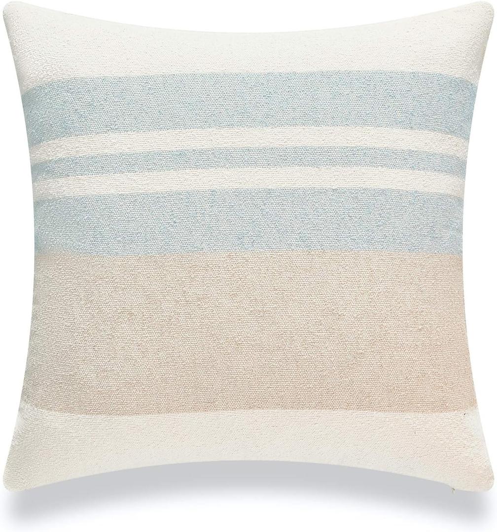 Hofdeco Beach Coastal Decorative Pillow Cover ONLY for Couch, Sofa, or Bed, Light Blue Tan Taupe Color Blocked Stripe, 18"x18"