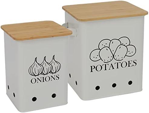 Gdfjiy Kitchen Vegetable Storage Tins Set of 2 for Potatoes, Onion, with wooden lid Garlic Bin Caddy, Long Shelf Life-white