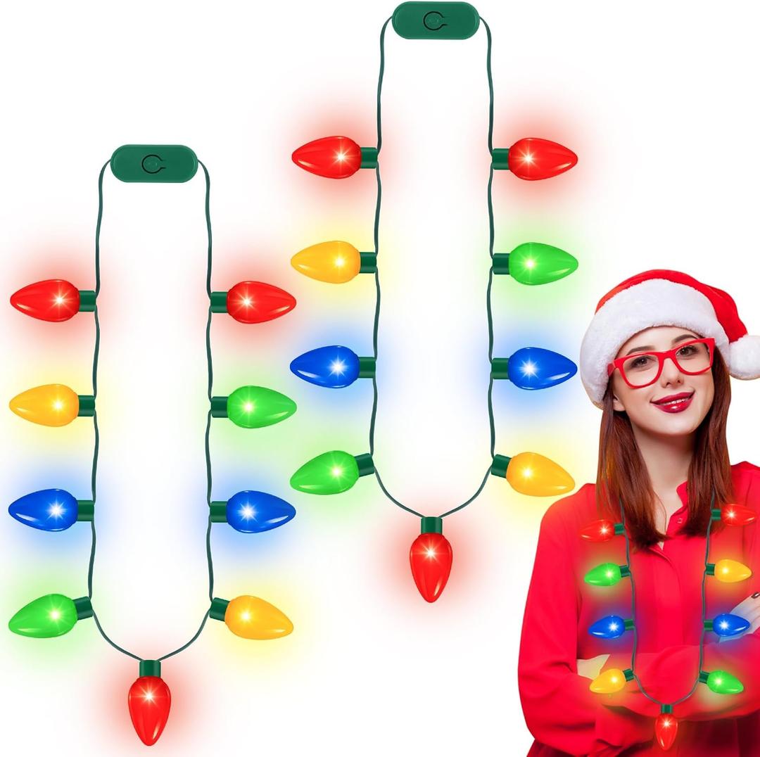 QZYL 16 Pcs Christmas Light Up Necklace, Colorful Christmas Necklaces Bulk, 9 LED Bulbs Novelty Christmas Lights with 3 Flash Modes, Perfect for Xmas New Year Eve Party Favor Supplies Accessories