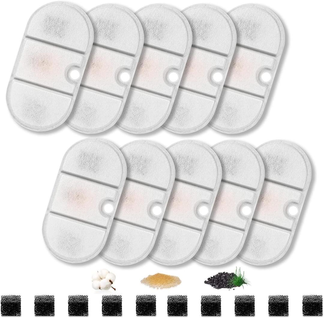 10 Set Cat Water Fountain Filters, Hantoc Replacement Pet Water Fountain Filters 10pcs Activated Carbon Filter & 10pcs Foam Sponge for 2.1L Cat Fountain PLWF002 with Active Carbon