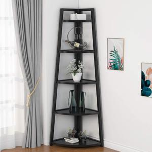 Tribesigns 70 inch Tall Corner Shelf, 5 Tier Modern Corner Bookshelf Bookcase Industrial Corner Ladder Shelf Plant Stand for Living Room, Kitchen, Home Office (Black) (Large)