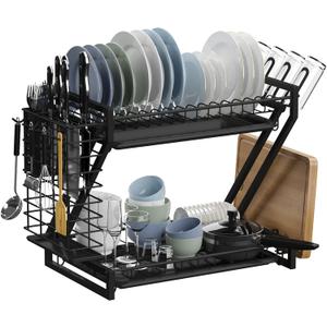 Dish Drying Rack, Stainless Steel 2 Tier Dish Rack with 2 Drainboard Set, Utensil Holder Dish Drainer, Cup Hanging Holder for Kitchen Counter with Multipurpose Design Easy Installation