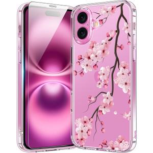 bicol for iPhone 16 Case with Screen Protector, Enhanced Camera Protection, Crystal Acrylic Clear with Fashionable Designs for Girls Women, Slim Fit Protective Phone Cover 6.1" Blooming Cherry bicol for iPhone 16 Case with Screen Protector, Enhanced Camera Protection, Crystal Acrylic Clear with Fashionable Designs for Girls Women, Slim Fit Protective Phone Cover 6.1" Blooming Cherry