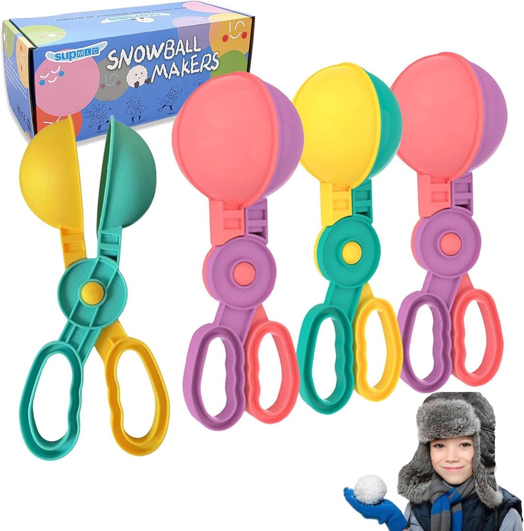 SupMLC Snow Toys, Snowball Maker 4 pcs Winter Snowball Tool Kit with Handle for Snow Ball Shapes Fights Outdoor Winter Toys Snow Ball Clip for Boys Girls Toddler Adults
